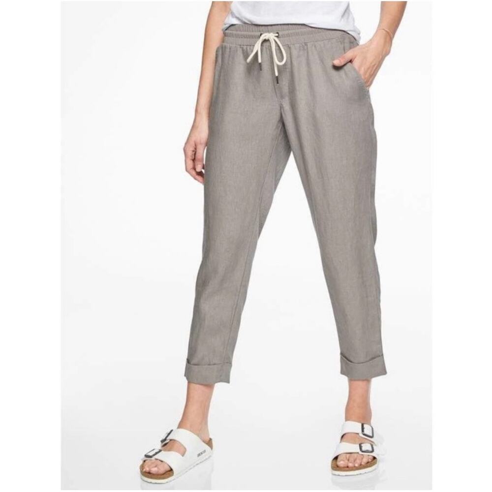 Athleta Pants Women 12 Petite Gray Bali Linen Ankle Cuffed Casual Travel Neutral